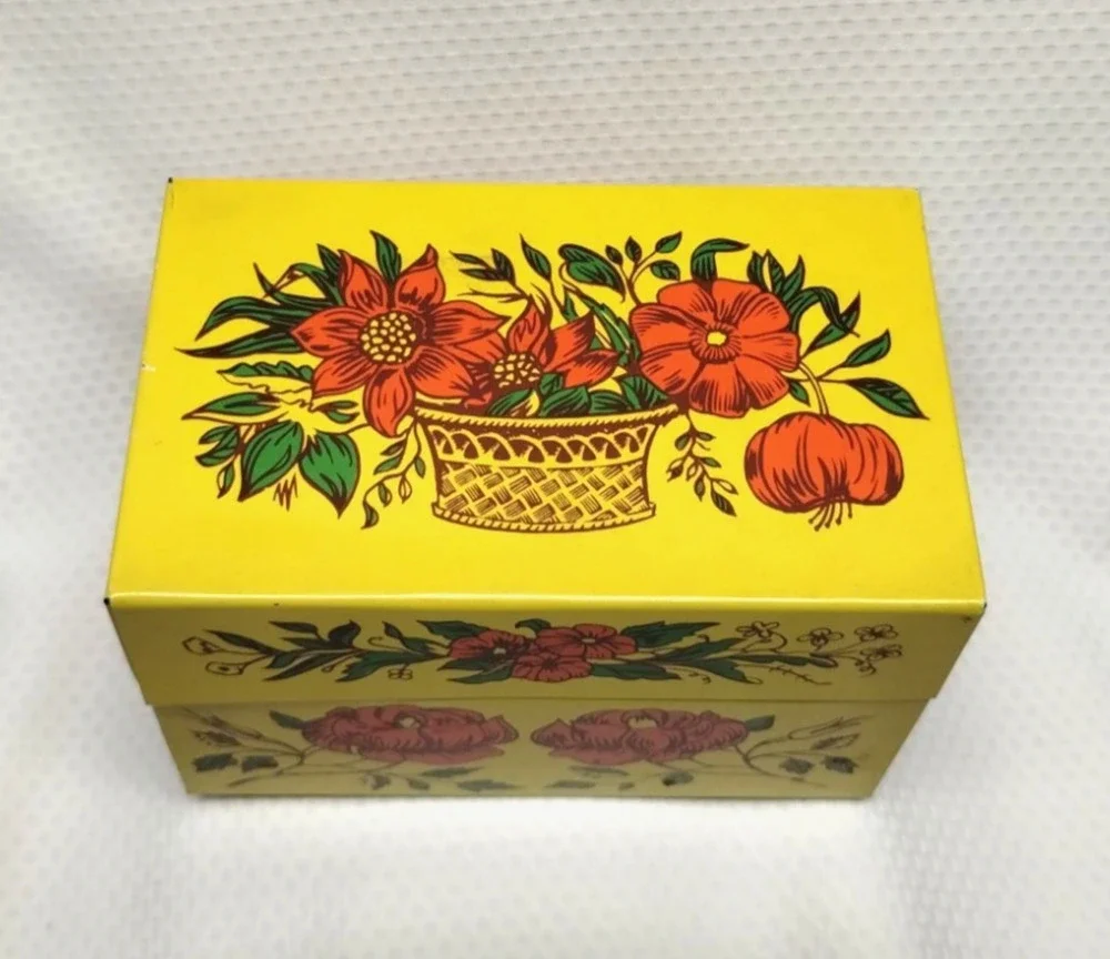 Syndicate Mfg Co Metal Recipe Box Yellow Tin Floral Flower Pots 1960s Vintage